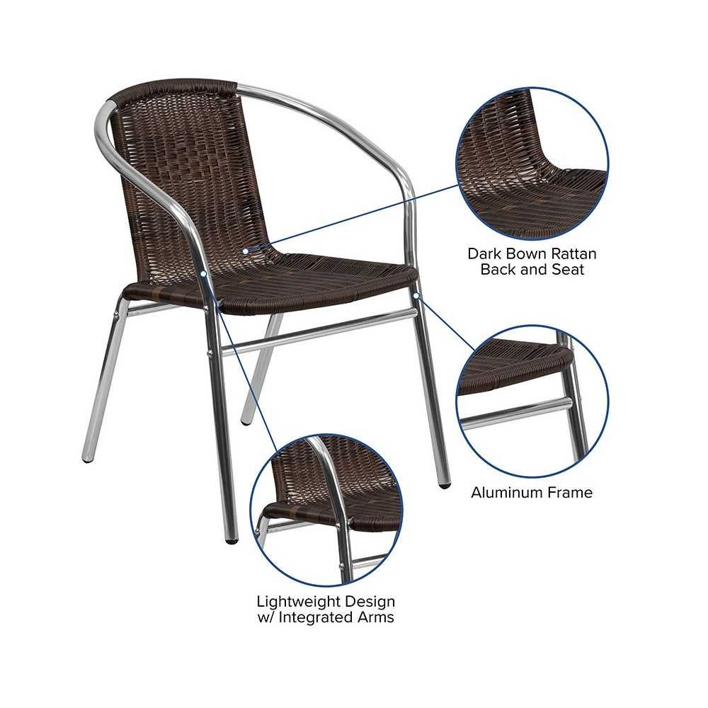 Commercial Aluminum and Dark Brown Rattan Indoor-Outdoor Restaurant Stack Chair