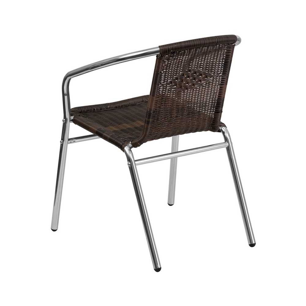 Commercial Aluminum and Dark Brown Rattan Indoor-Outdoor Restaurant Stack Chair
