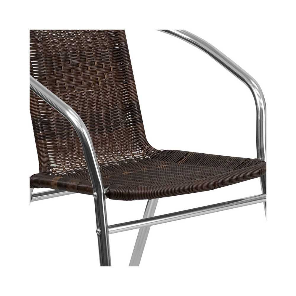 Commercial Aluminum and Dark Brown Rattan Indoor-Outdoor Restaurant Stack Chair