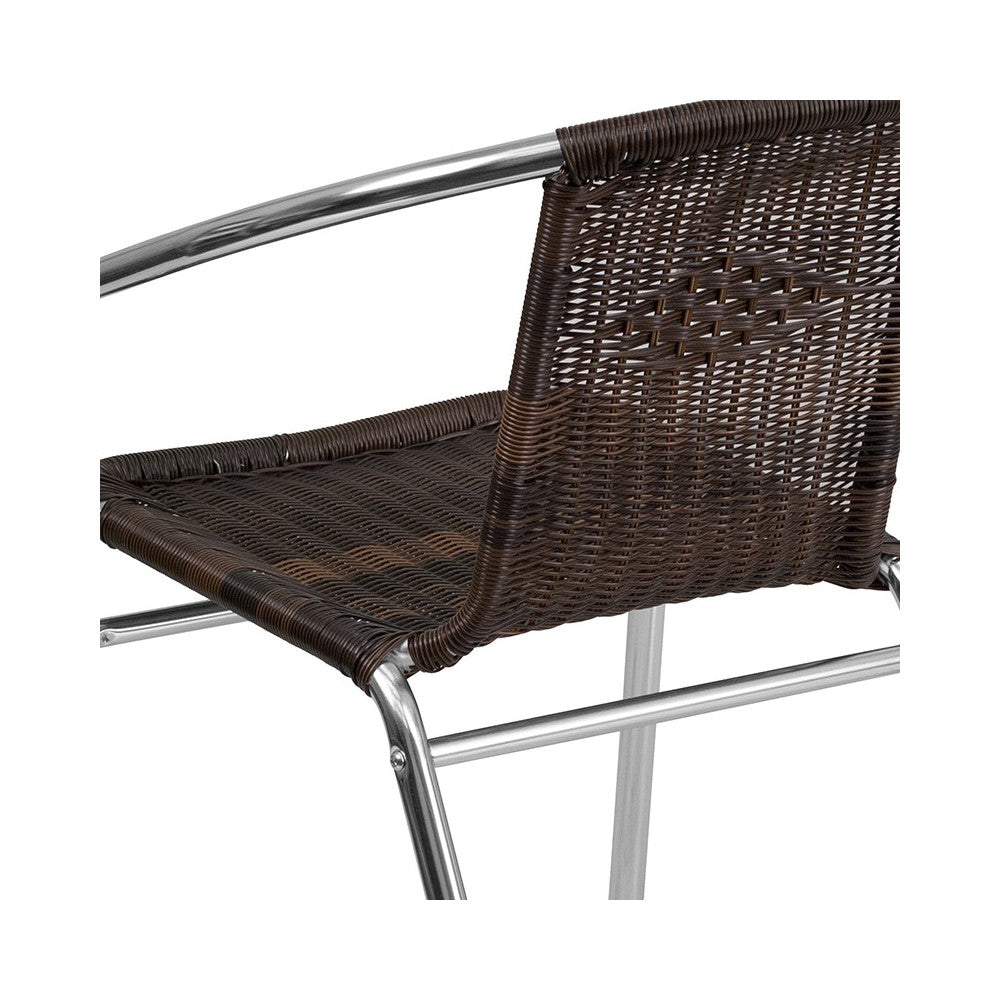 Commercial Aluminum and Dark Brown Rattan Indoor-Outdoor Restaurant Stack Chair