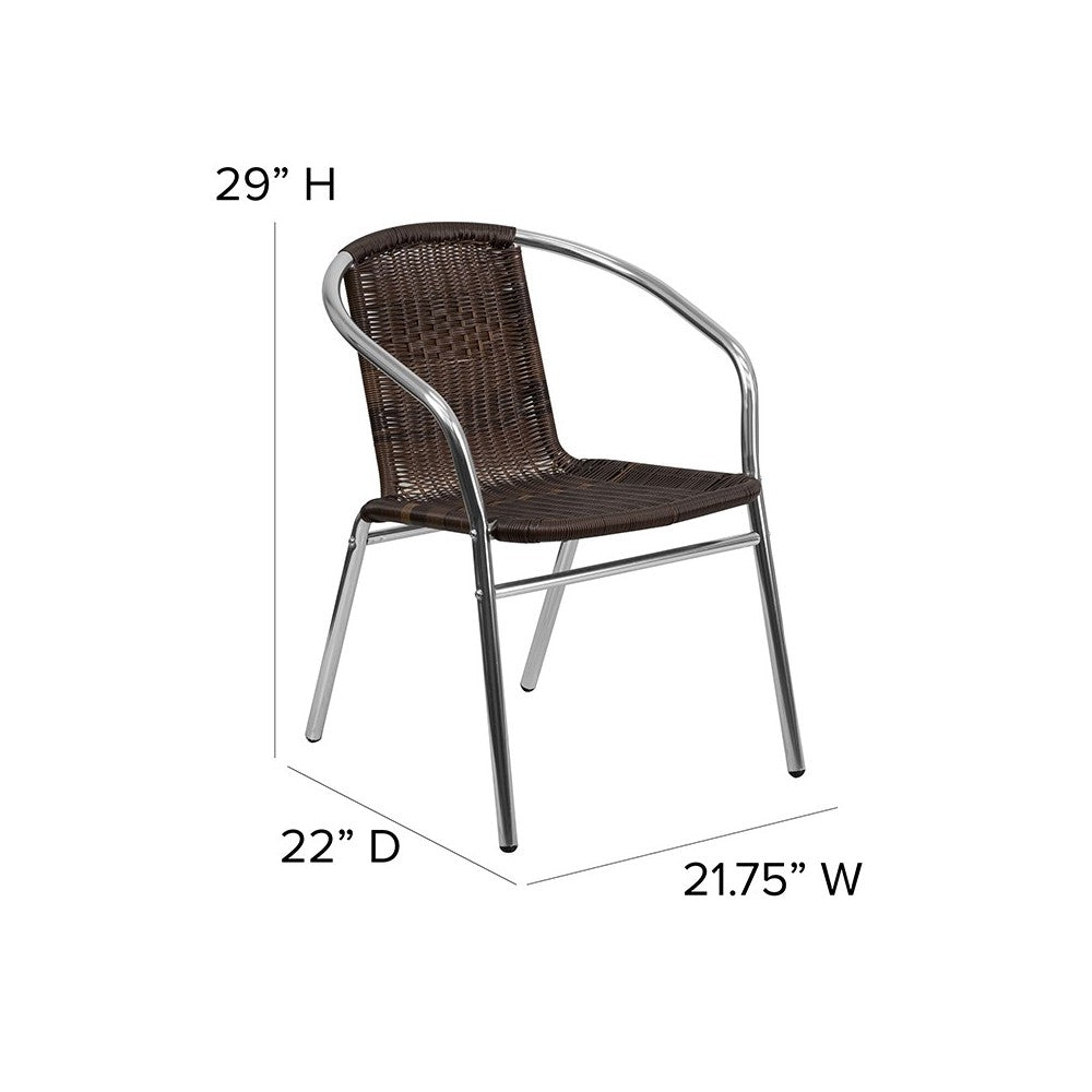 Commercial Aluminum and Dark Brown Rattan Indoor-Outdoor Restaurant Stack Chair