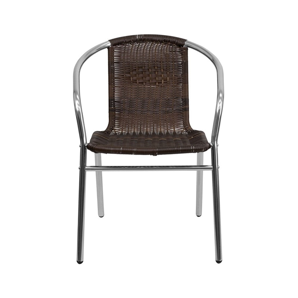 Commercial Aluminum and Dark Brown Rattan Indoor-Outdoor Restaurant Stack Chair