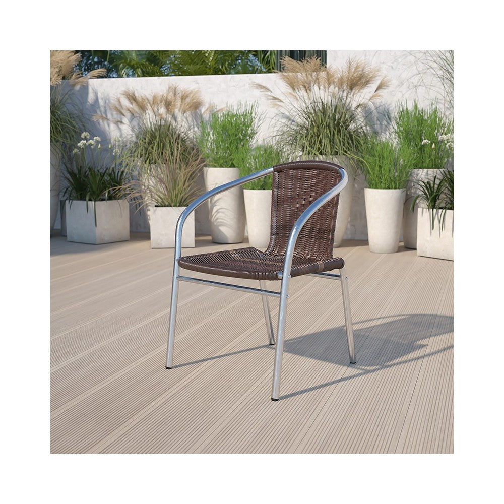 Commercial Aluminum and Dark Brown Rattan Indoor-Outdoor Restaurant Stack Chair