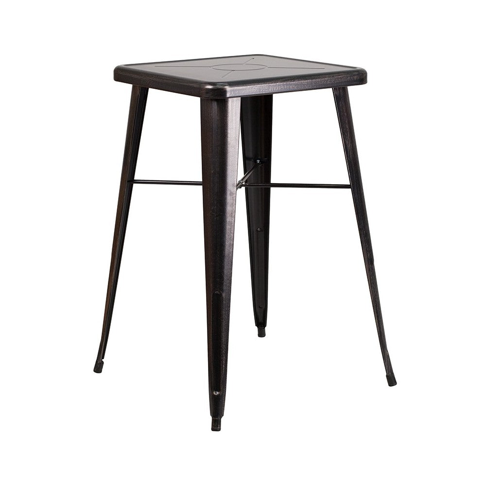 Commercial Grade 23.75" Square Black-Antique Gold Metal Indoor-Outdoor Bar Table Set with 2 Square Seat Backless Stools