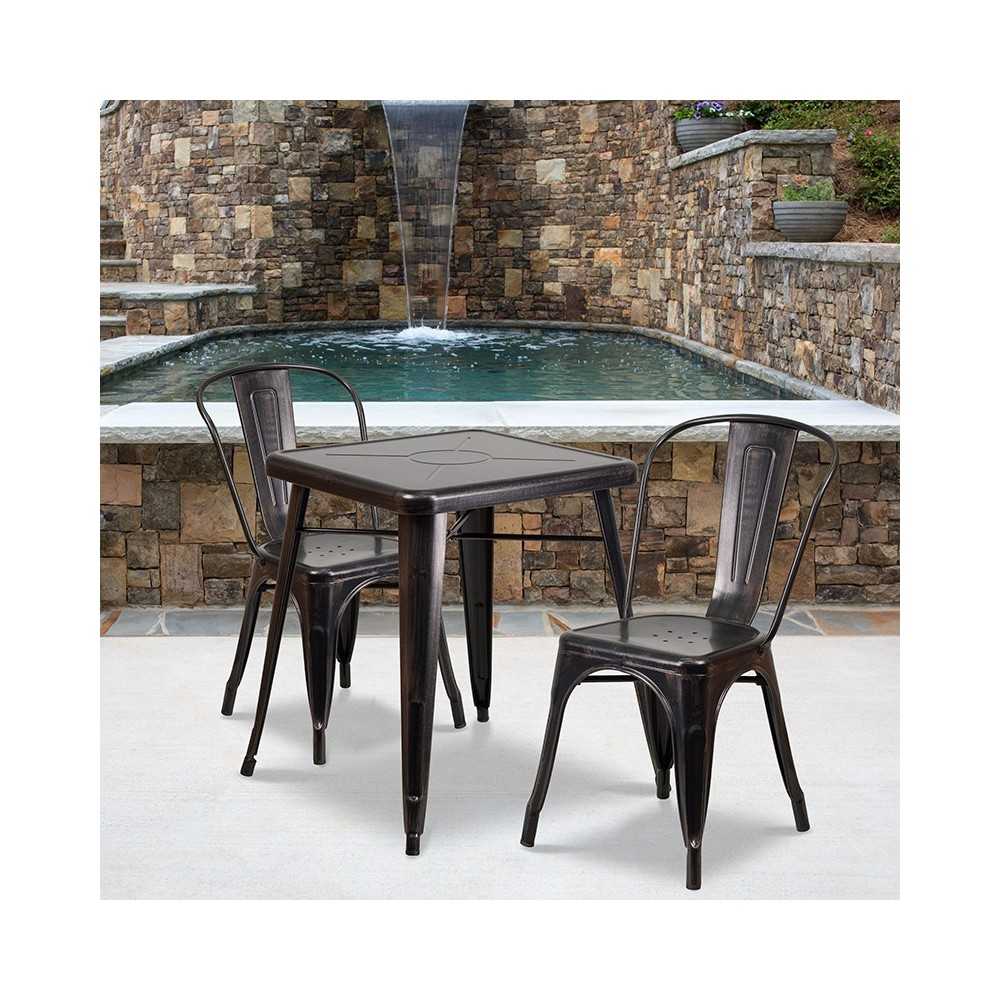 Commercial Grade 23.75" Square Black-Antique Gold Metal Indoor-Outdoor Table Set with 2 Stack Chairs
