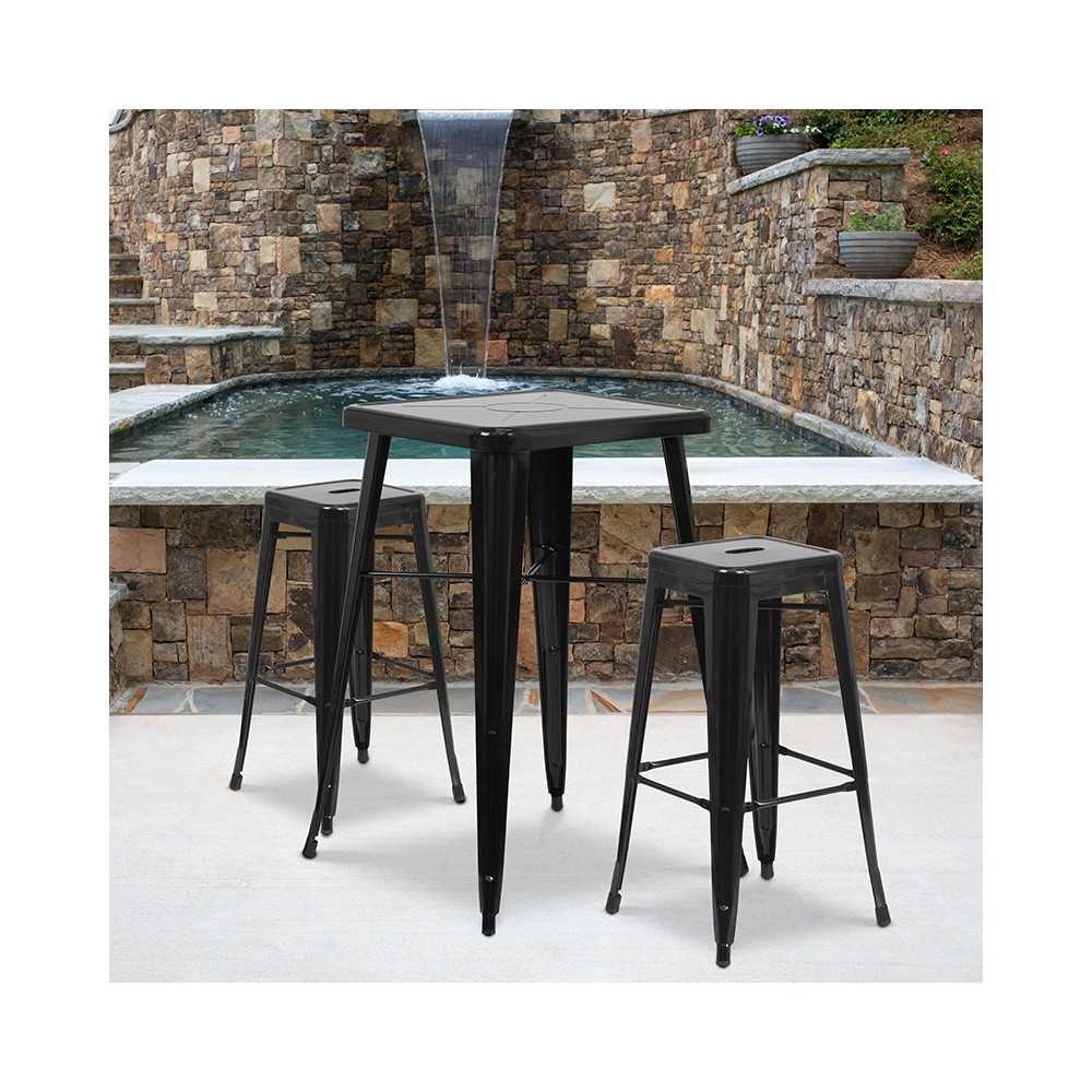 Commercial Grade 23.75" Square Black Metal Indoor-Outdoor Bar Table Set with 2 Square Seat Backless Stools