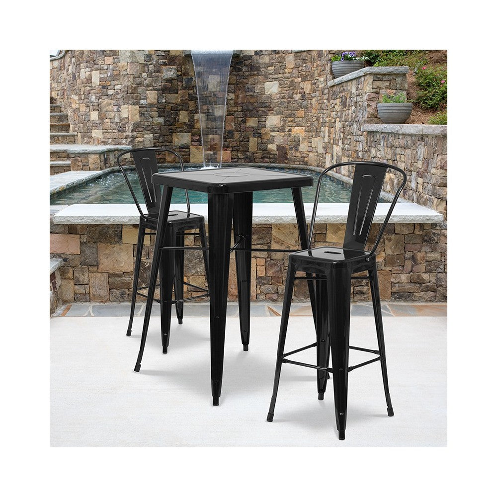 Commercial Grade 23.75" Square Black Metal Indoor-Outdoor Bar Table Set with 2 Stools with Backs