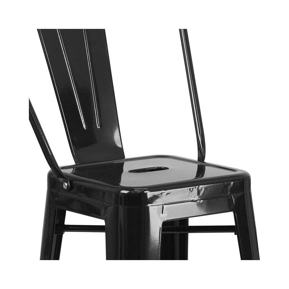 Commercial Grade 23.75" Square Black Metal Indoor-Outdoor Bar Table Set with 2 Stools with Backs