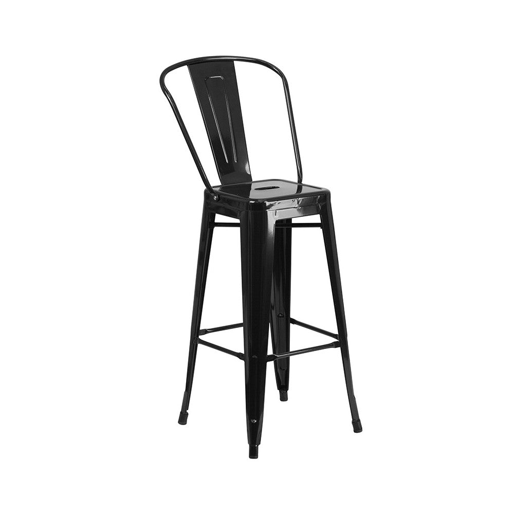 Commercial Grade 23.75" Square Black Metal Indoor-Outdoor Bar Table Set with 2 Stools with Backs