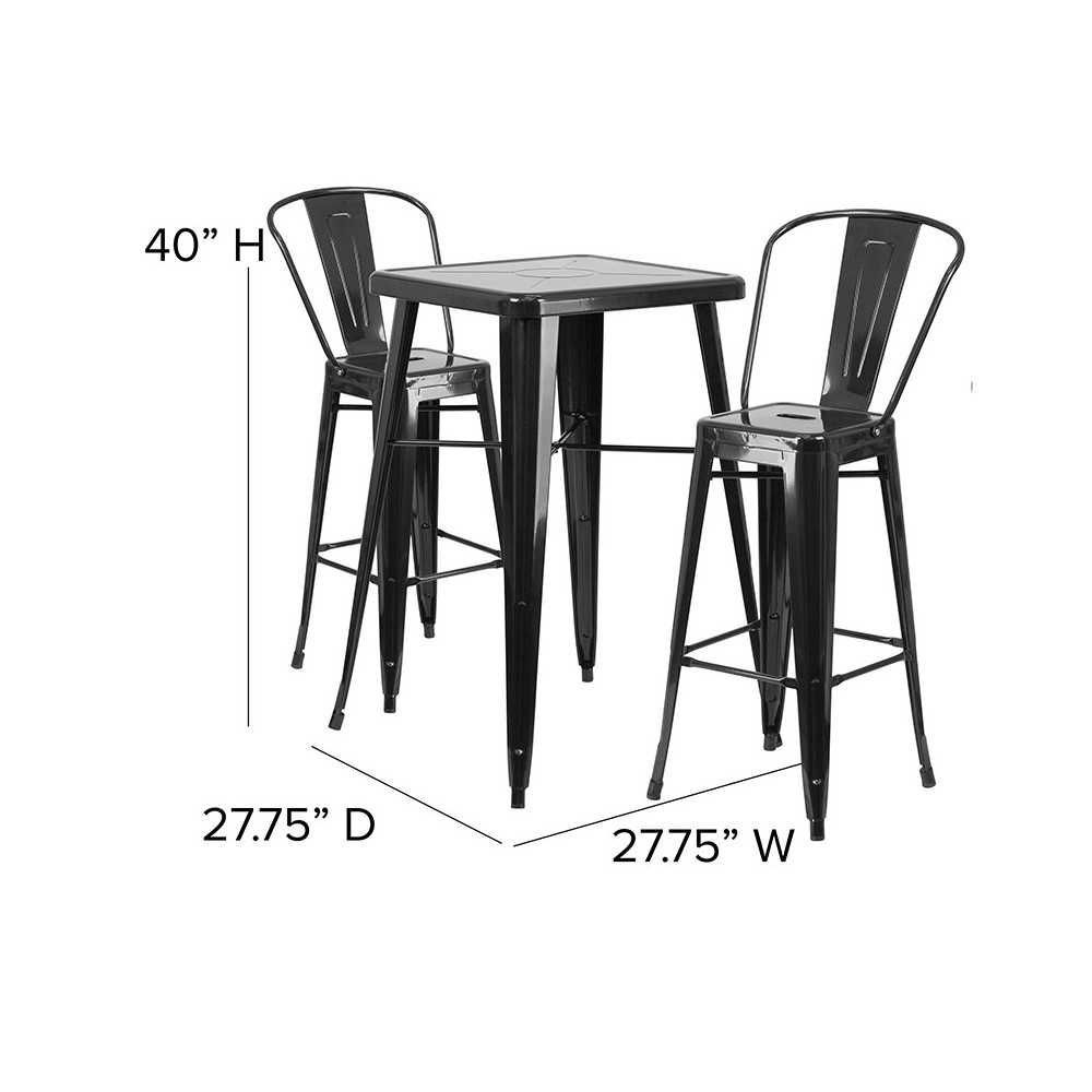 Commercial Grade 23.75" Square Black Metal Indoor-Outdoor Bar Table Set with 2 Stools with Backs