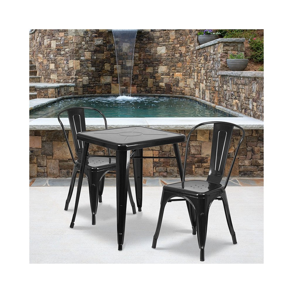 Commercial Grade 23.75" Square Black Metal Indoor-Outdoor Table Set with 2 Stack Chairs