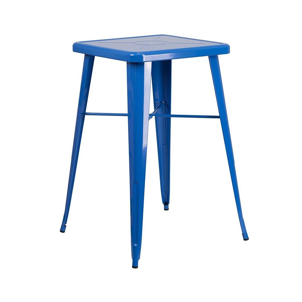 Commercial Grade 23.75" Square Blue Metal Indoor-Outdoor Bar Table Set with 2 Stools with Backs