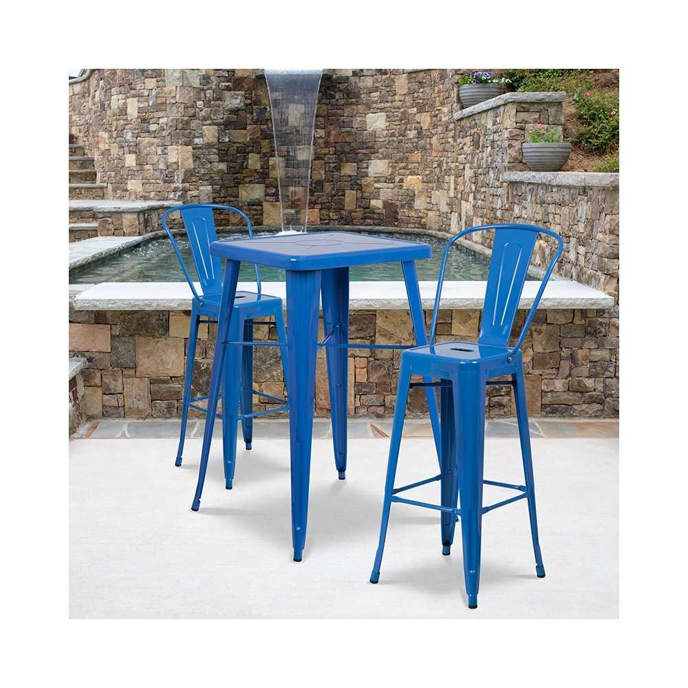Commercial Grade 23.75" Square Blue Metal Indoor-Outdoor Bar Table Set with 2 Stools with Backs