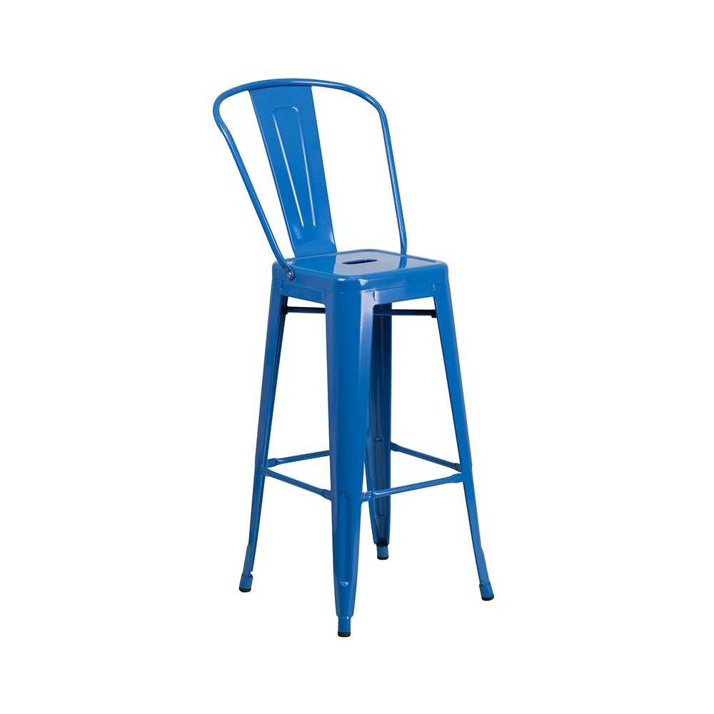 Commercial Grade 23.75" Square Blue Metal Indoor-Outdoor Bar Table Set with 2 Stools with Backs
