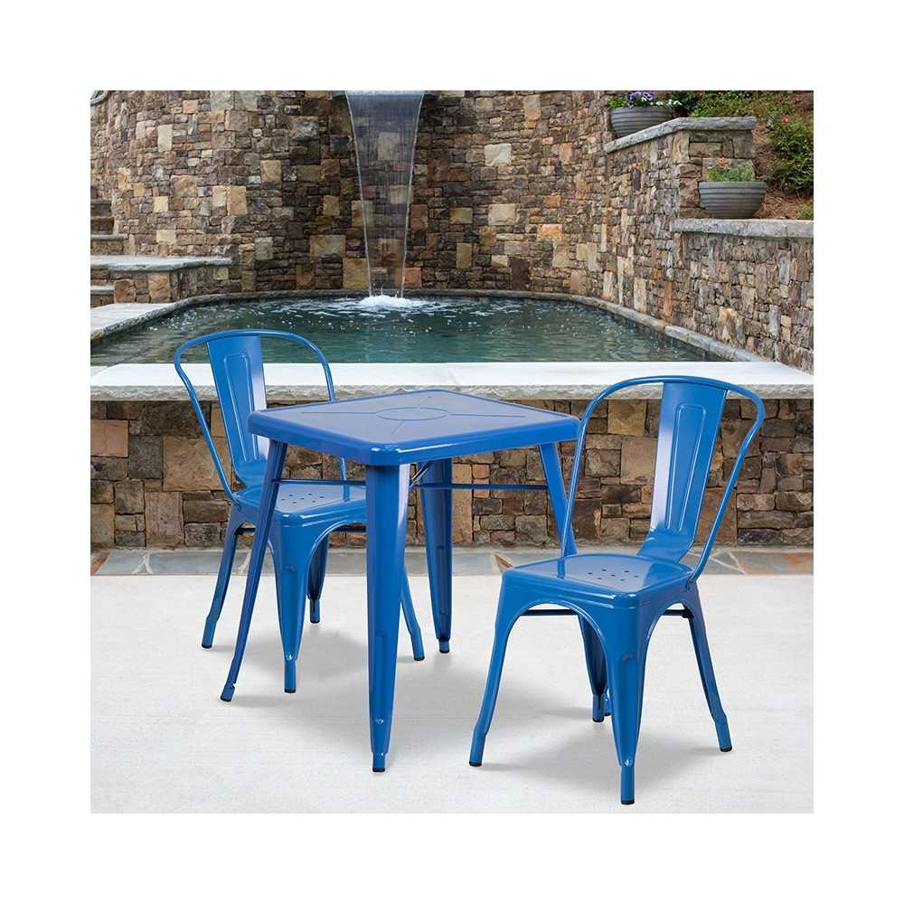 Commercial Grade 23.75" Square Blue Metal Indoor-Outdoor Table Set with 2 Stack Chairs