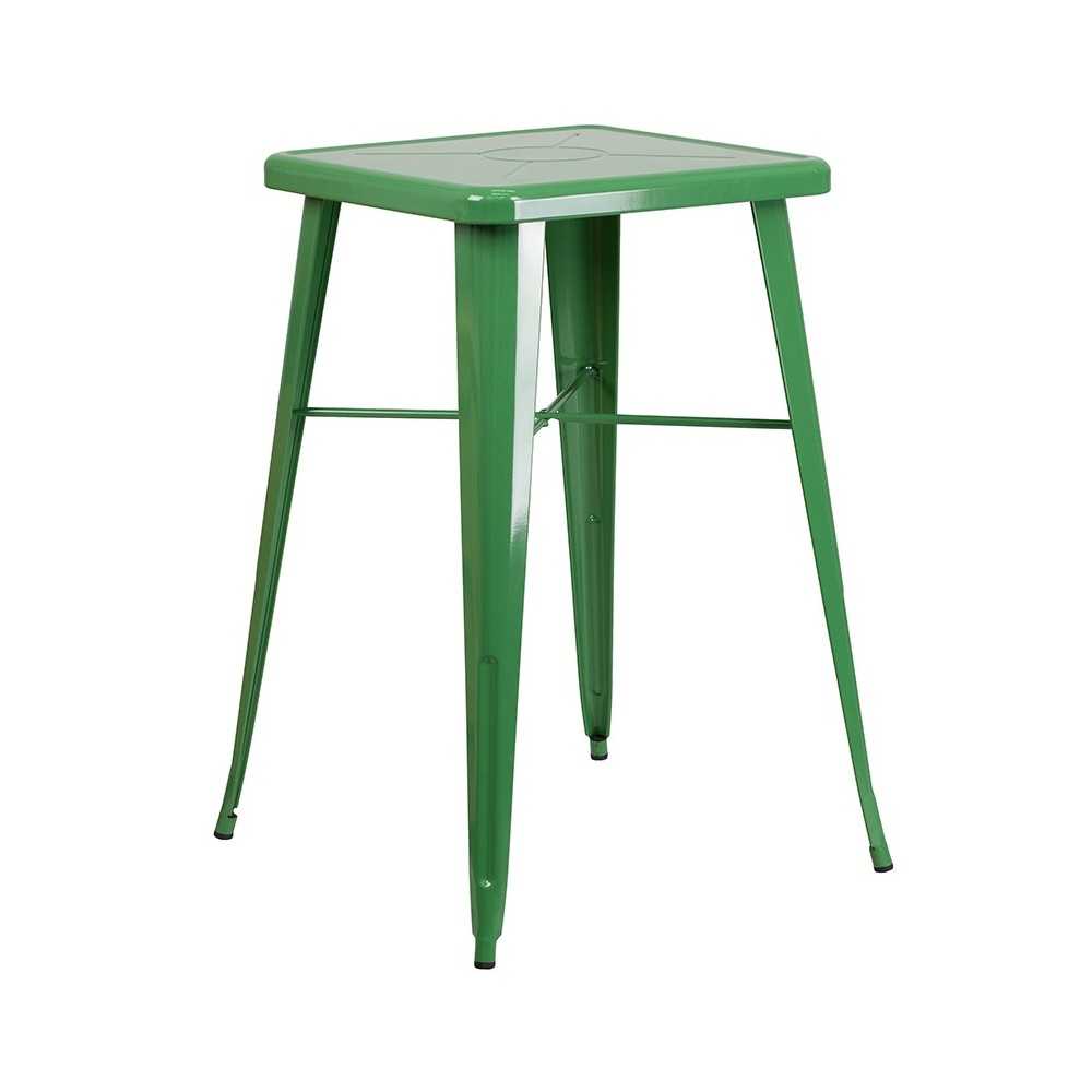 Commercial Grade 23.75" Square Green Metal Indoor-Outdoor Bar Table Set with 2 Stools with Backs