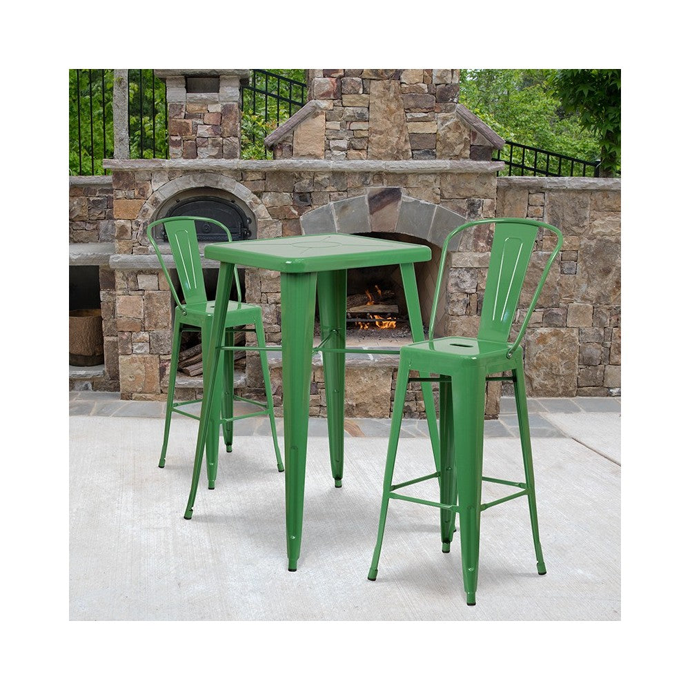 Commercial Grade 23.75" Square Green Metal Indoor-Outdoor Bar Table Set with 2 Stools with Backs