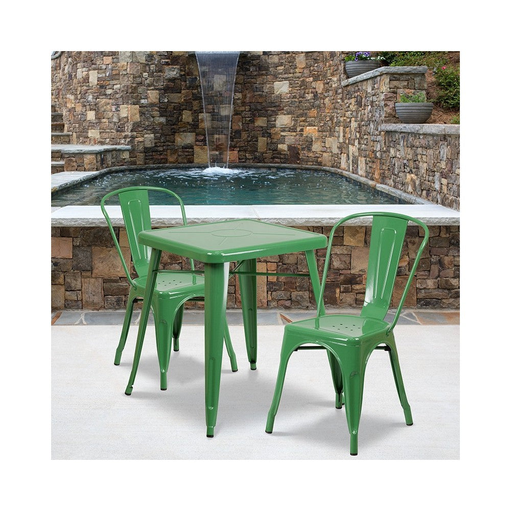 Commercial Grade 23.75" Square Green Metal Indoor-Outdoor Table Set with 2 Stack Chairs