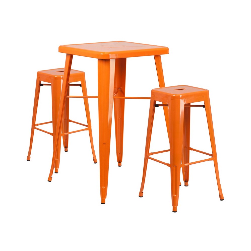 Commercial Grade 23.75" Square Orange Metal Indoor-Outdoor Bar Table Set with 2 Square Seat Backless Stools