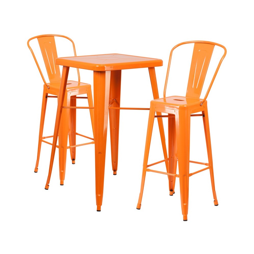 Commercial Grade 23.75" Square Orange Metal Indoor-Outdoor Bar Table Set with 2 Stools with Backs