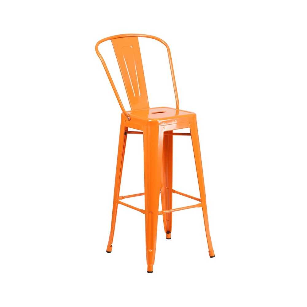 Commercial Grade 23.75" Square Orange Metal Indoor-Outdoor Bar Table Set with 2 Stools with Backs