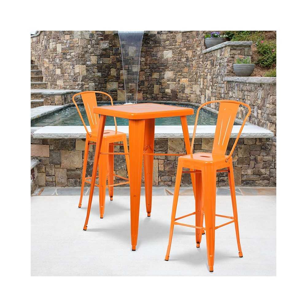 Commercial Grade 23.75" Square Orange Metal Indoor-Outdoor Bar Table Set with 2 Stools with Backs