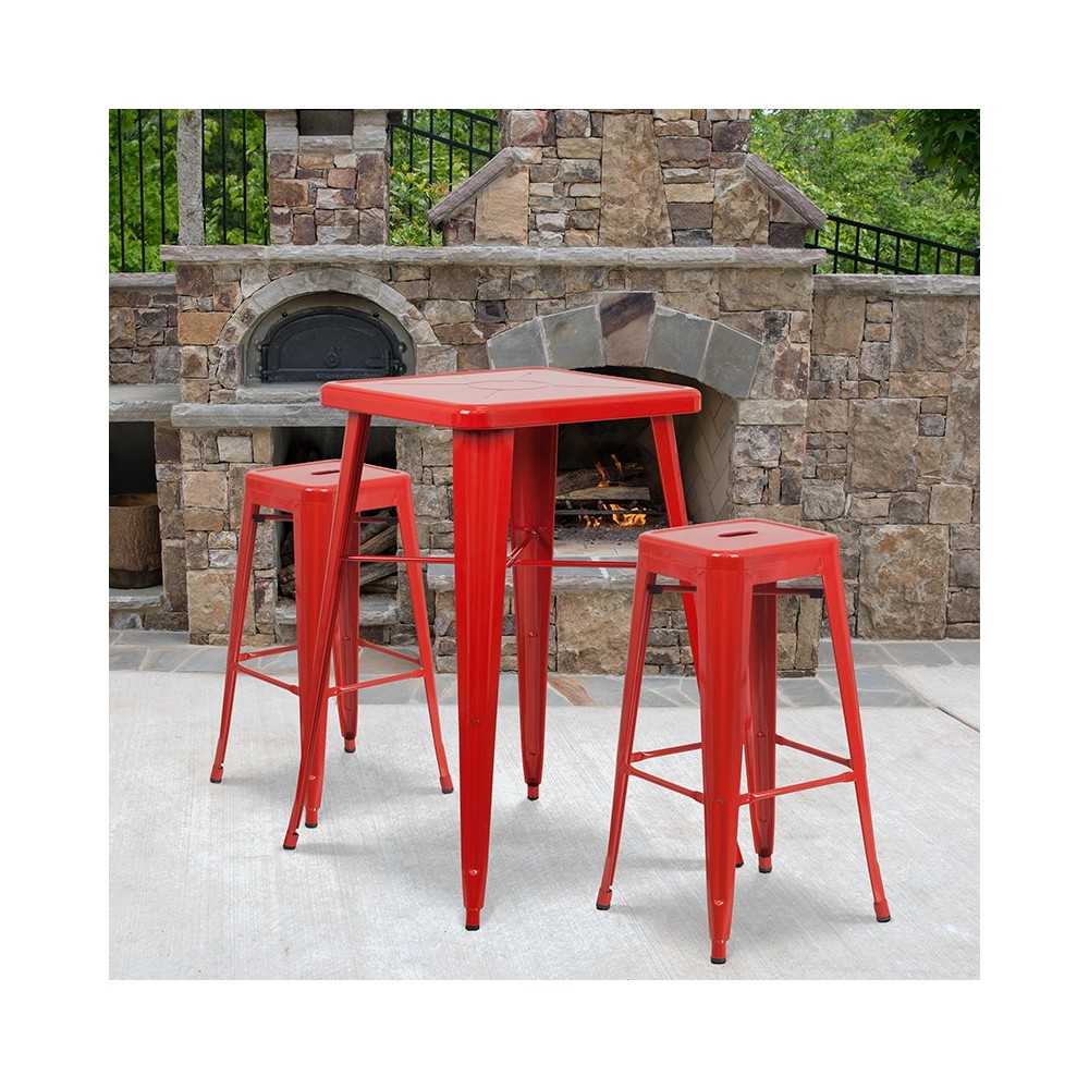 Commercial Grade 23.75" Square Red Metal Indoor-Outdoor Bar Table Set with 2 Square Seat Backless Stools