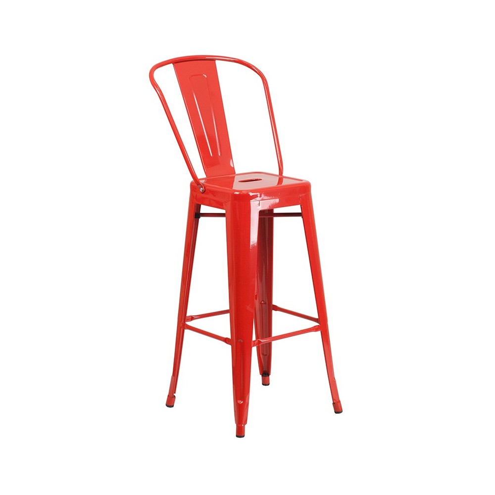 Commercial Grade 23.75" Square Red Metal Indoor-Outdoor Bar Table Set with 2 Stools with Backs