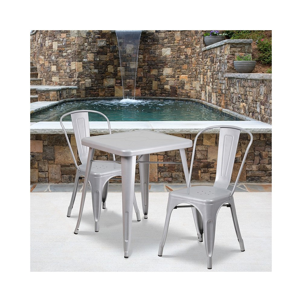 Commercial Grade 23.75" Square Silver Metal Indoor-Outdoor Table Set with 2 Stack Chairs