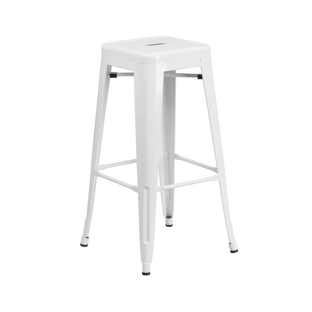 Commercial Grade 23.75" Square White Metal Indoor-Outdoor Bar Table Set with 2 Square Seat Backless Stools