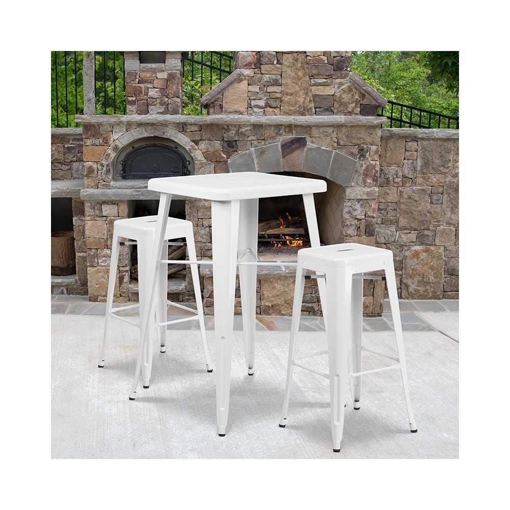 Commercial Grade 23.75" Square White Metal Indoor-Outdoor Bar Table Set with 2 Square Seat Backless Stools