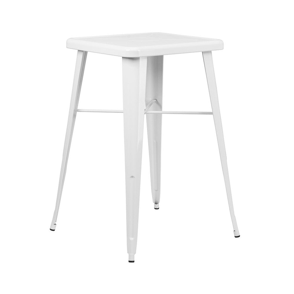 Commercial Grade 23.75" Square White Metal Indoor-Outdoor Bar Table Set with 2 Square Seat Backless Stools