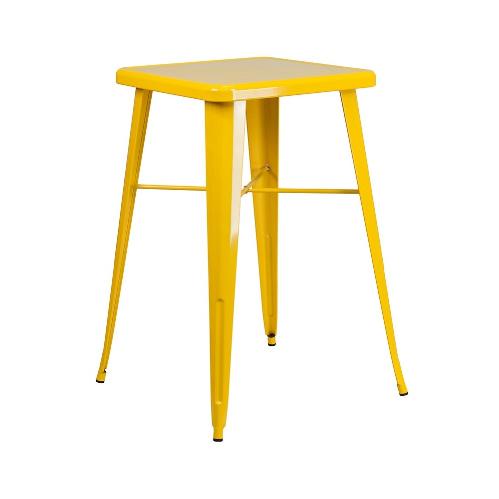 Commercial Grade 23.75" Square Yellow Metal Indoor-Outdoor Bar Table Set with 2 Square Seat Backless Stools