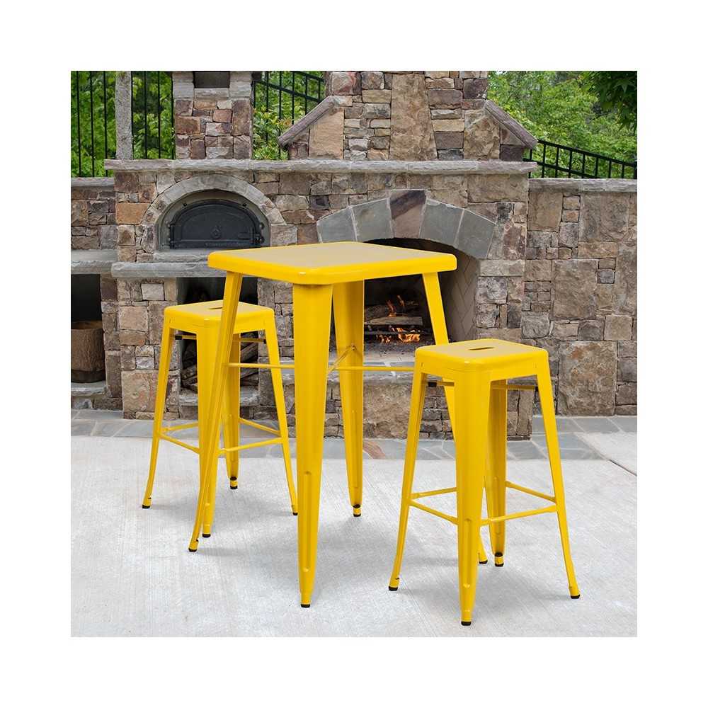 Commercial Grade 23.75" Square Yellow Metal Indoor-Outdoor Bar Table Set with 2 Square Seat Backless Stools