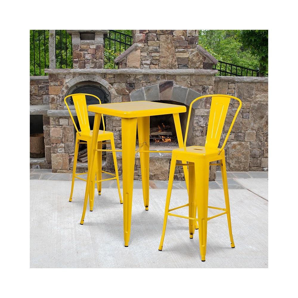 Commercial Grade 23.75" Square Yellow Metal Indoor-Outdoor Bar Table Set with 2 Stools with Backs