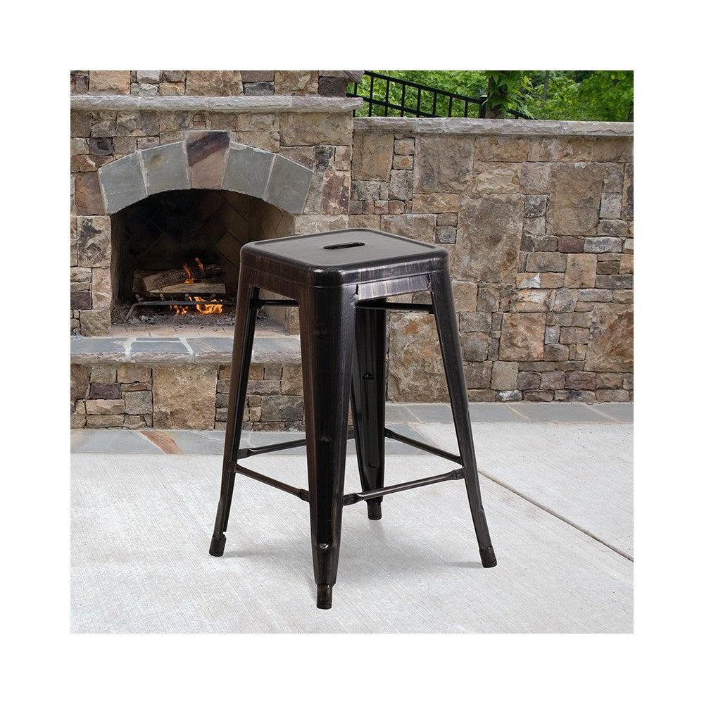 Commercial Grade 24" High Backless Black-Antique Gold Metal Indoor-Outdoor Counter Height Stool with Square Seat