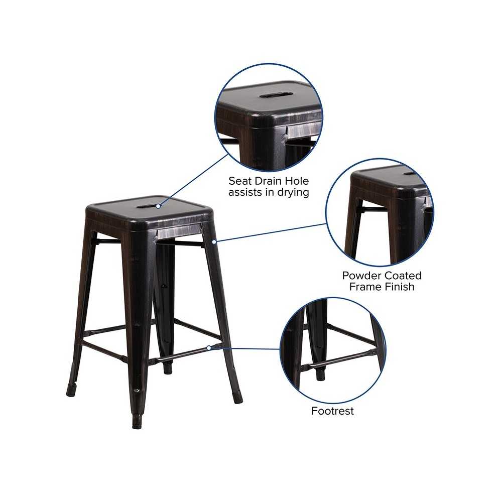 Commercial Grade 24" High Backless Black-Antique Gold Metal Indoor-Outdoor Counter Height Stool with Square Seat