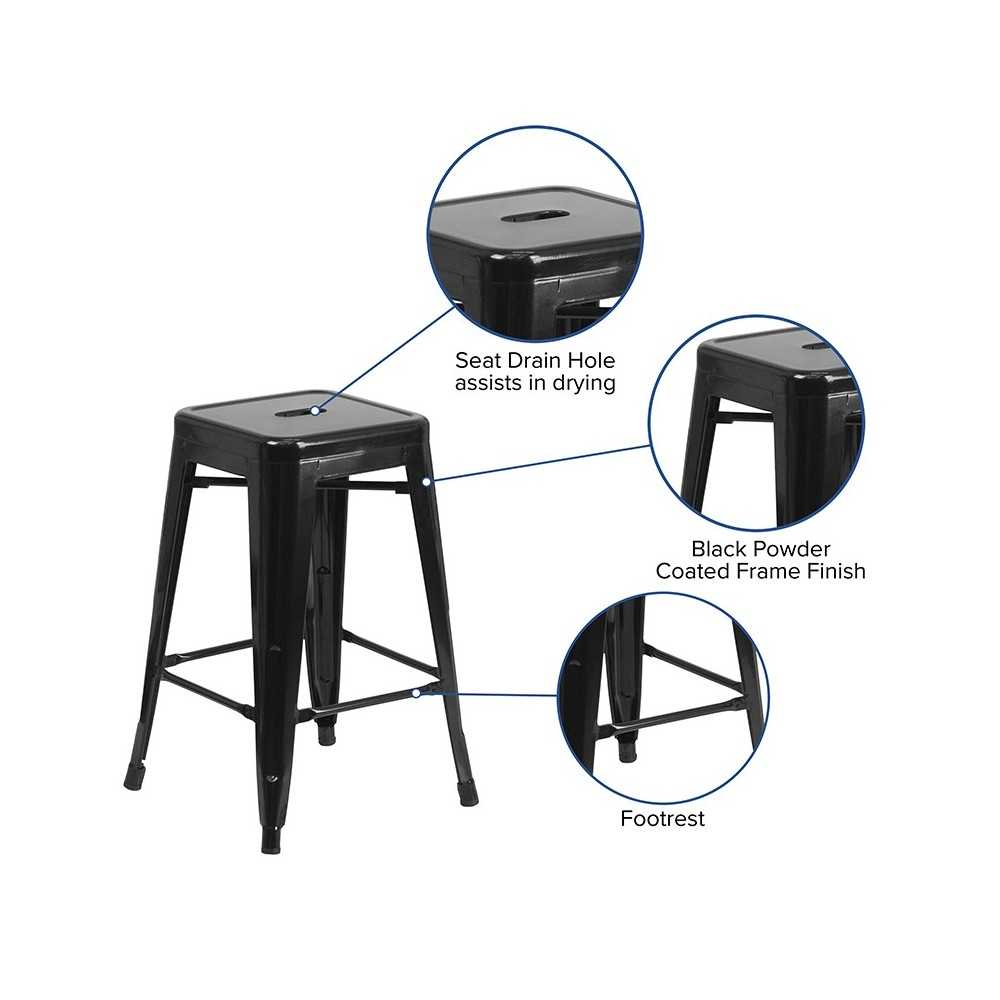 Commercial Grade 24" High Backless Black Metal Indoor-Outdoor Counter Height Stool with Square Seat