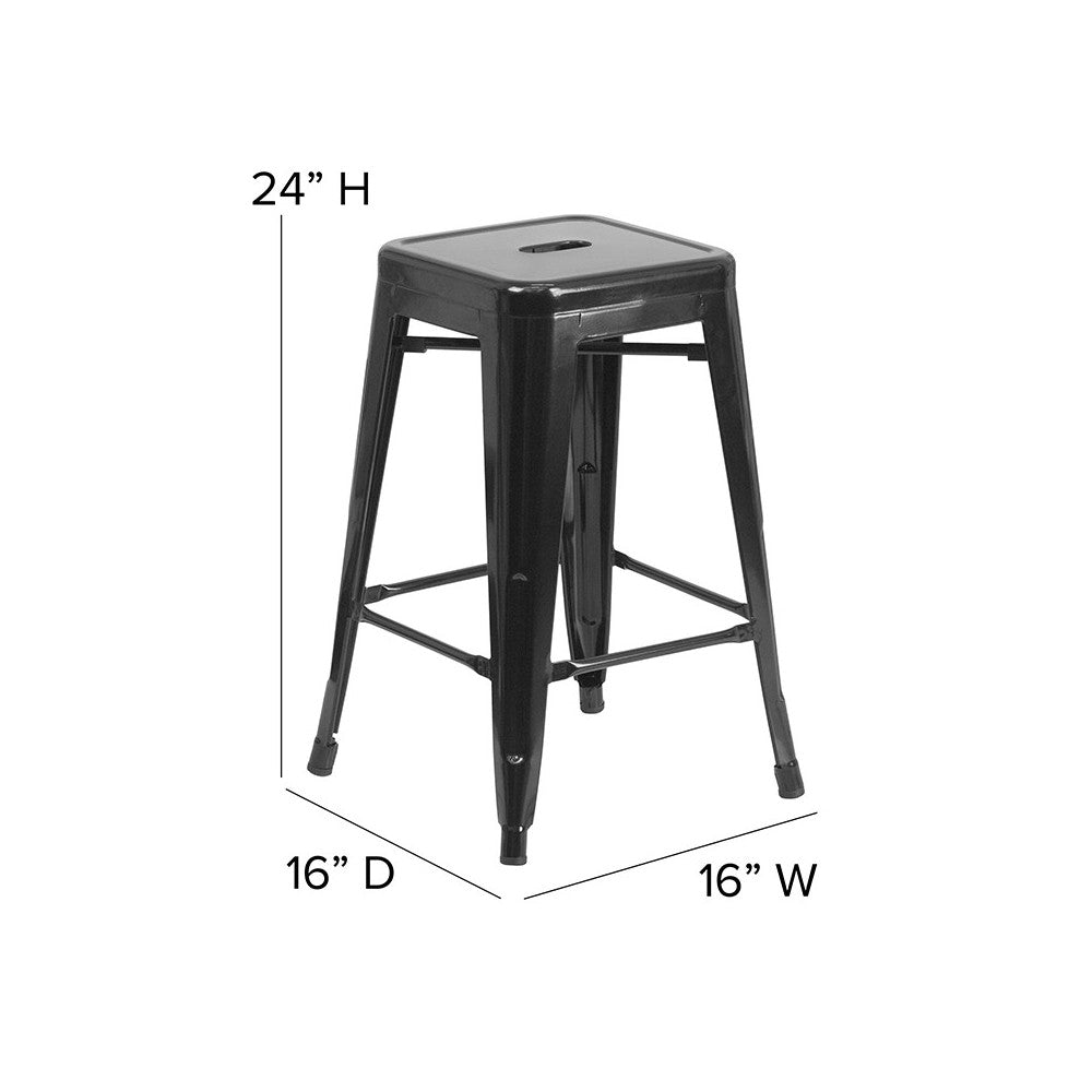 Commercial Grade 24" High Backless Black Metal Indoor-Outdoor Counter Height Stool with Square Seat