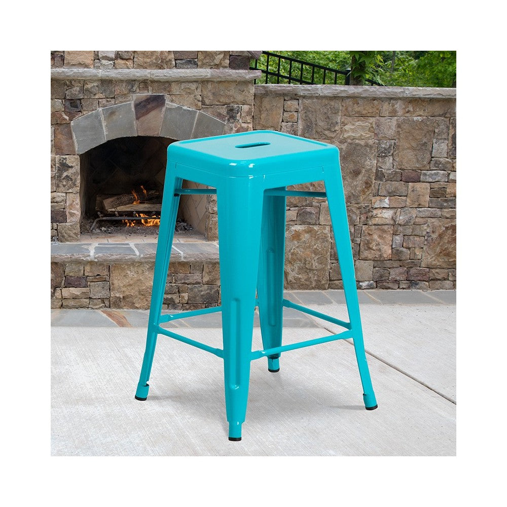 Commercial Grade 24" High Backless Crystal Teal-Blue Indoor-Outdoor Counter Height Stool