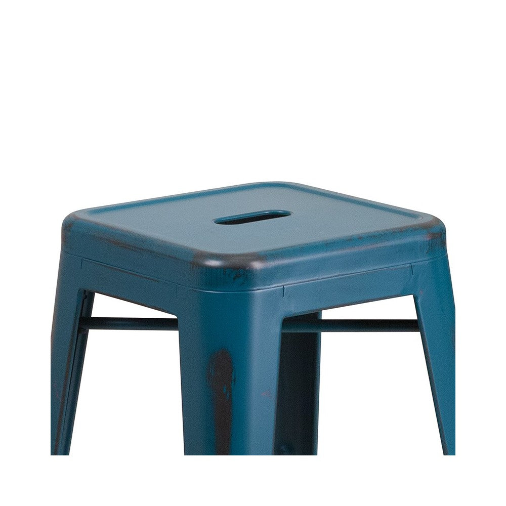 Commercial Grade 24" High Backless Distressed Antique Blue Metal Indoor-Outdoor Counter Height Stool