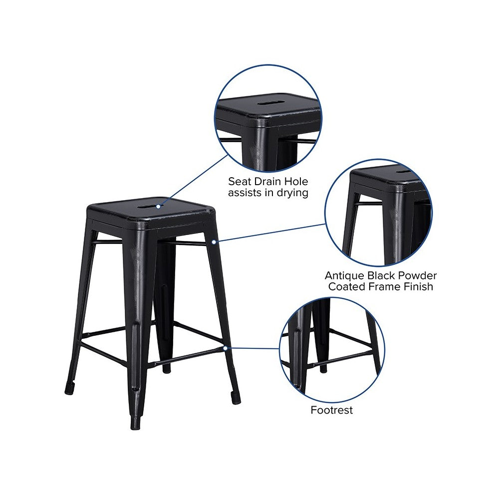 Commercial Grade 24" High Backless Distressed Black Metal Indoor-Outdoor Counter Height Stool