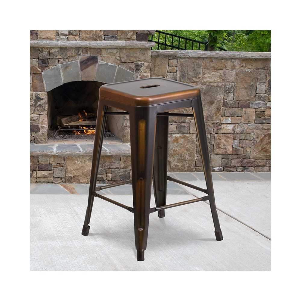Commercial Grade 24" High Backless Distressed Copper Metal Indoor-Outdoor Counter Height Stool