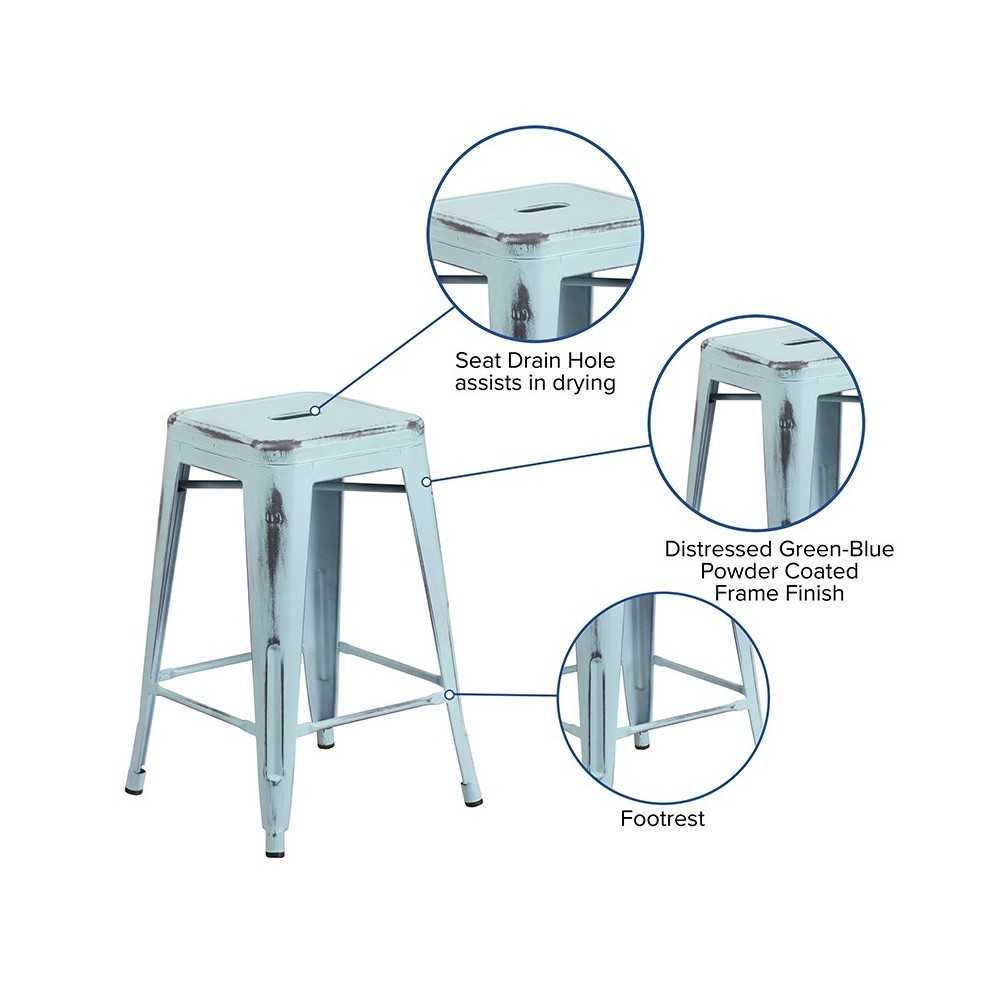 Commercial Grade 24" High Backless Distressed Green-Blue Metal Indoor-Outdoor Counter Height Stool