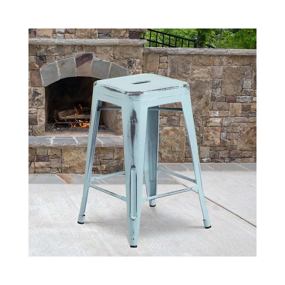 Commercial Grade 24" High Backless Distressed Green-Blue Metal Indoor-Outdoor Counter Height Stool