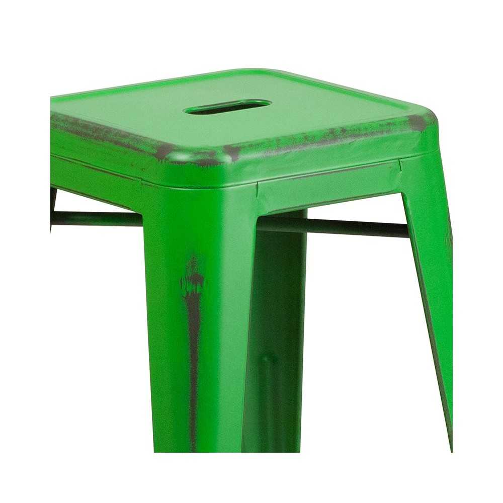 Commercial Grade 24" High Backless Distressed Green Metal Indoor-Outdoor Counter Height Stool