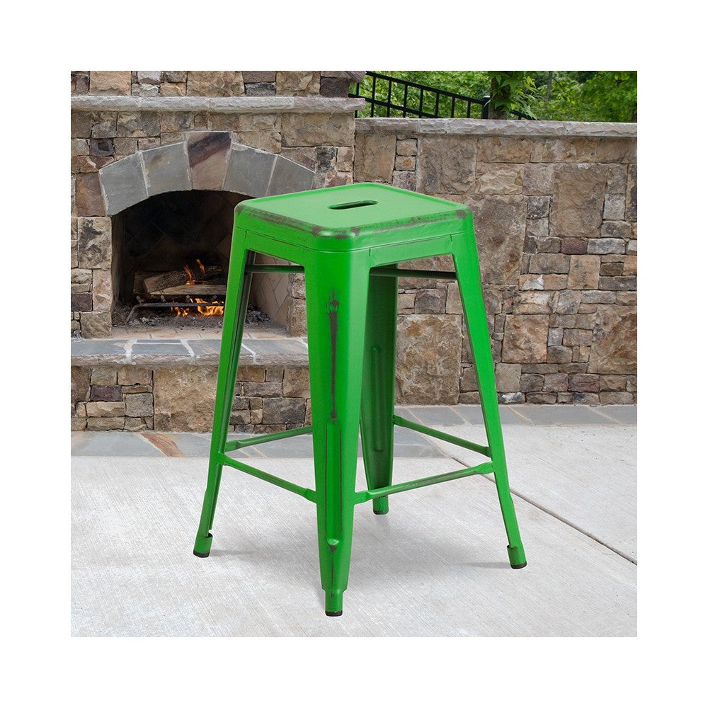 Commercial Grade 24" High Backless Distressed Green Metal Indoor-Outdoor Counter Height Stool