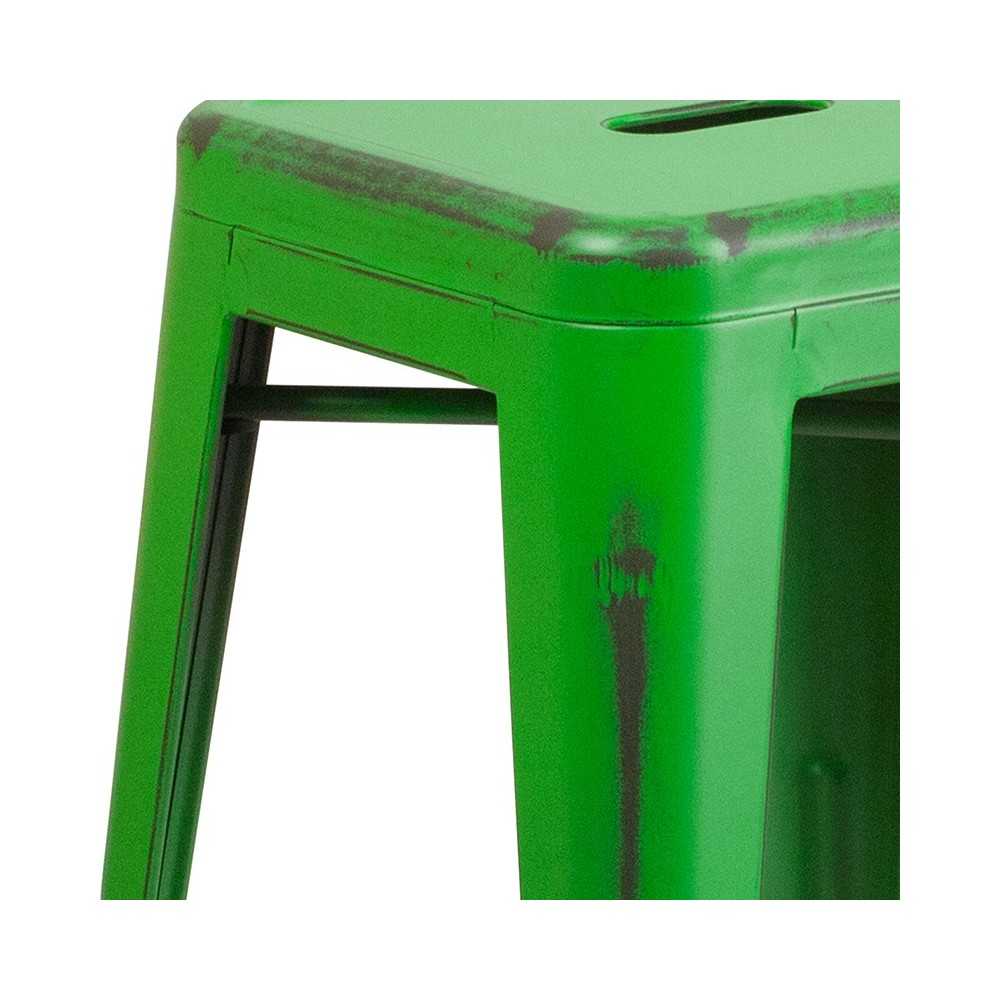 Commercial Grade 24" High Backless Distressed Green Metal Indoor-Outdoor Counter Height Stool