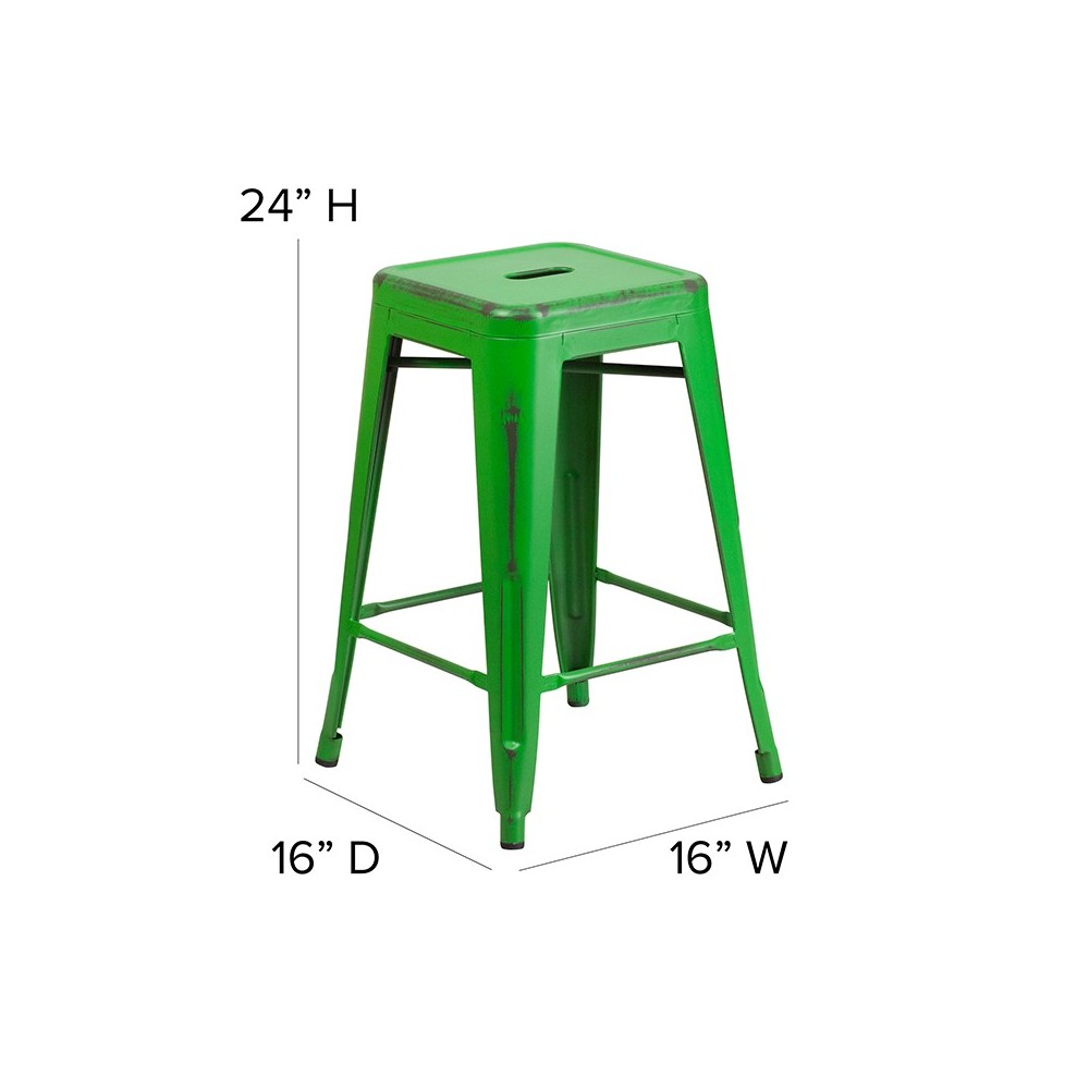 Commercial Grade 24" High Backless Distressed Green Metal Indoor-Outdoor Counter Height Stool