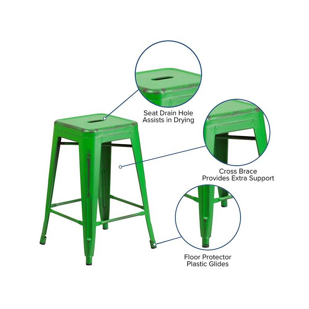 Commercial Grade 24" High Backless Distressed Green Metal Indoor-Outdoor Counter Height Stool